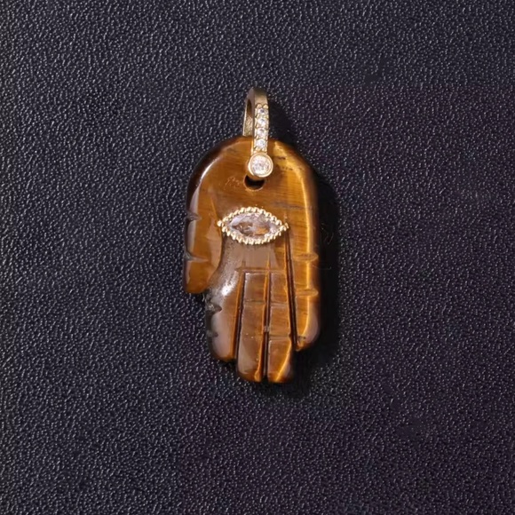 Hamsa Fatima Hand Tiger Eye Natural Stone Pendant Charm - Picture 7 of 7